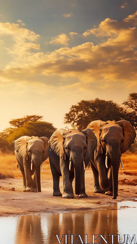 Golden hour elephant family wandering toward waterhole.