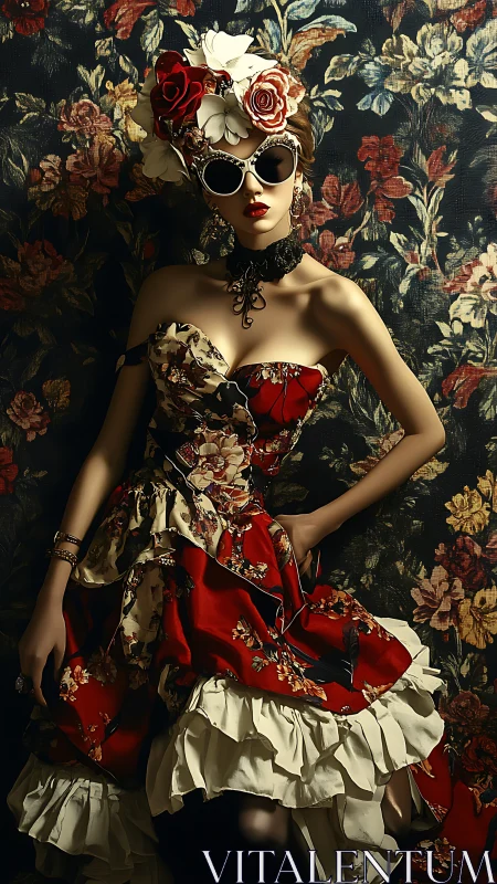 Floral daydream in red, where vintage glamour blooms.