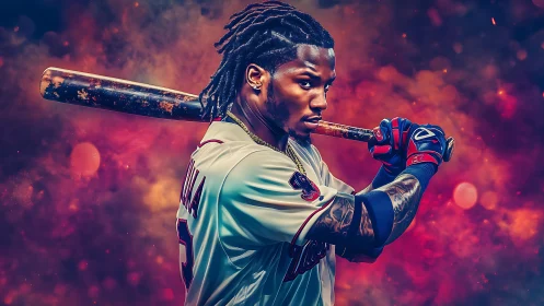Intense baseball slugger poised in vivid neon blaze backdrop.