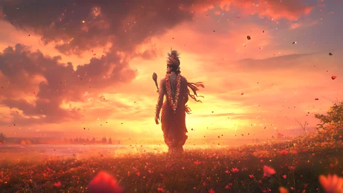 Sunlit wanderer lets flower-laced dusk ignite the horizon