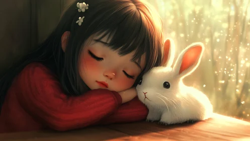 Sleeping child with white rabbit in warm backlit close-up
