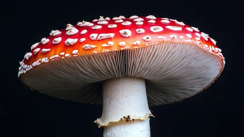 Fly agaric mushroom close-up with red cap and gills.