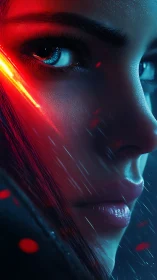 Cybernetic portrait close-up with neon red-blue rim lighting