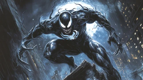Symbiote creature crouches on rooftop against full moon