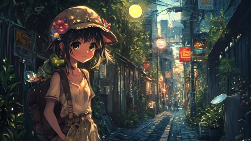Curious young traveler wanders a glowing city alleyway at dusk