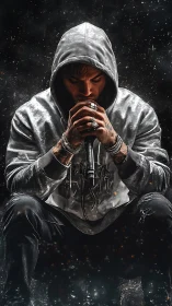 Hooded vocalist in reflective pose amid digital sparks.