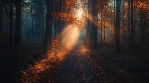 Autumnal Forest Corridor with Directional Crepuscular Illumination.