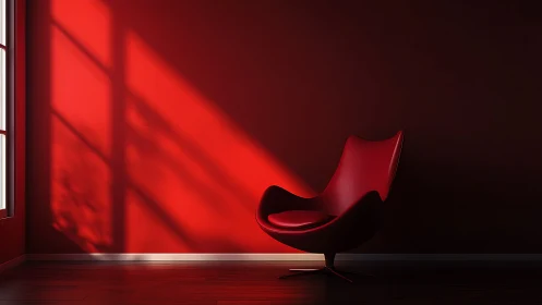 Directional sunlight sculpts red lounge chair in minimalist interior