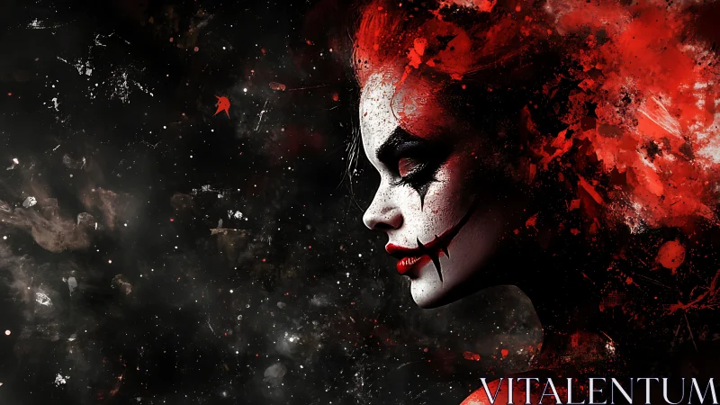 Crimson dreamer with painted smile in a drifting twilight storm.