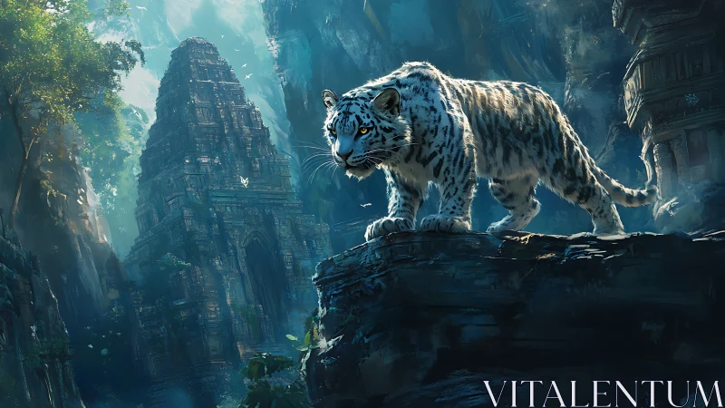 Moonlit jungle temple watched by a wandering white tiger.