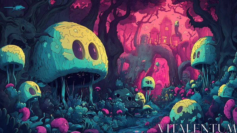 Glowshroom guardians gossip quietly beneath the neon castle