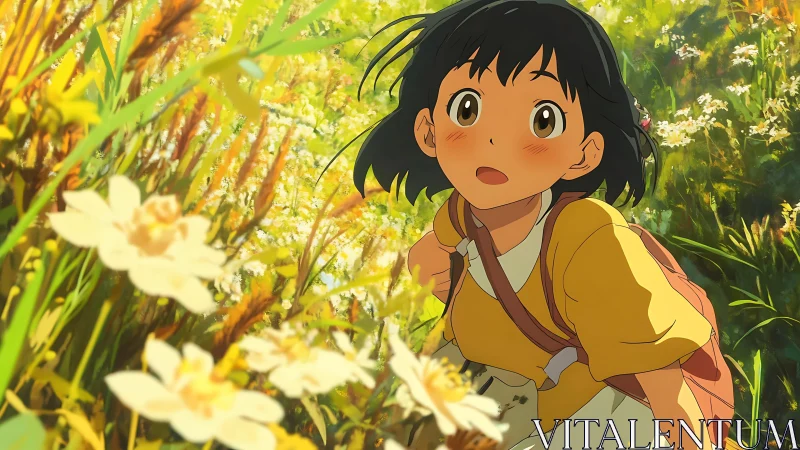 Anime girl in yellow shirt walking through dense wildflowers.