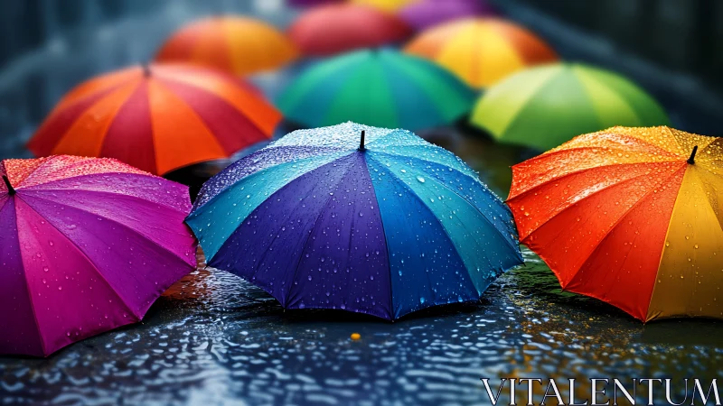 Rain covered multicolored umbrellas lie on wet reflective street