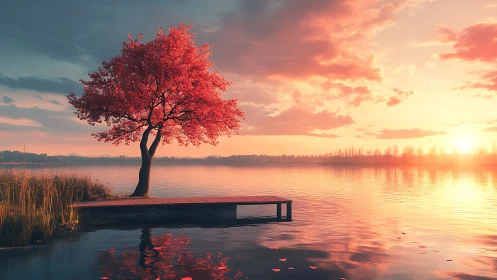 Solitary lakeside tree and wooden pier at low sun angle