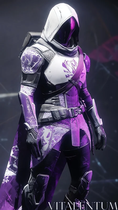 Hooded space rogue in glowing violet battle armor poised.