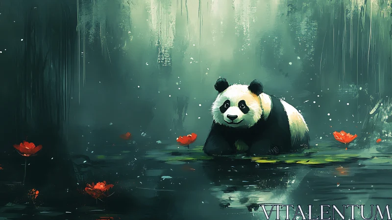 Gentle panda resting in a dreamy forest pond of calm wonder.