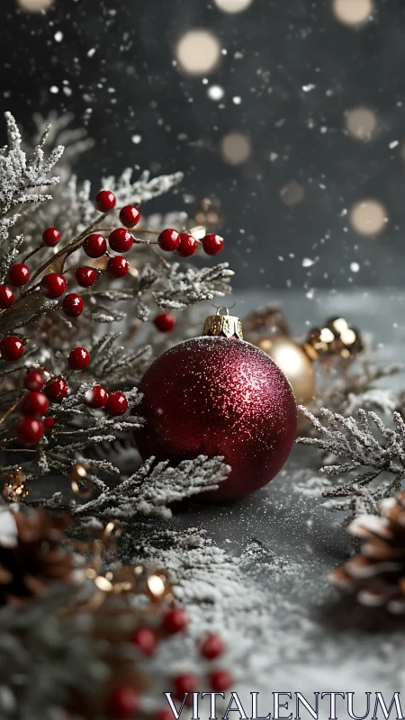 Macro study of frosted red bauble amid bokeh lit winter foliage