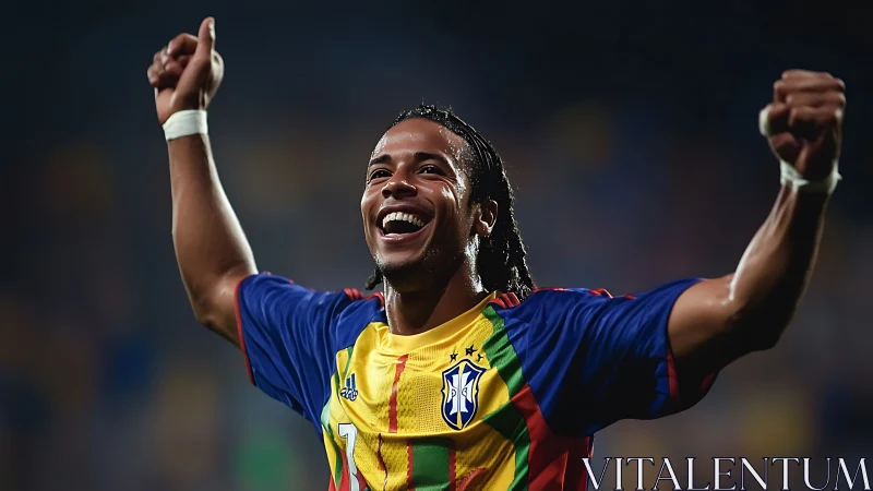 Jubilant soccer star celebrates late goal under stadium lights.