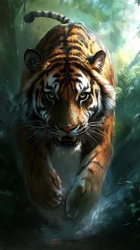 Frontlit tiger charge through misted jungle corridor in focus