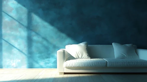Sunlit white sofa resting against deep blue textured wall.