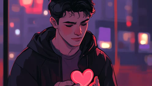 Young man studies glowing heart icon under neon city lights
