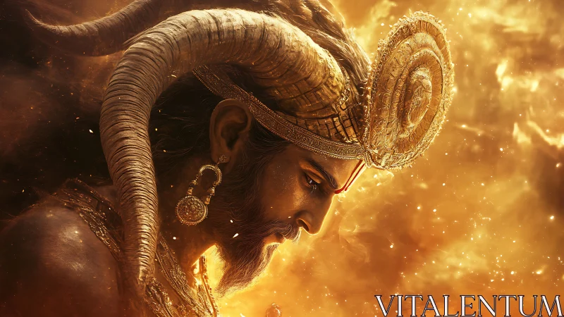 Solar-crowned horned deity leans into a storm of burning light