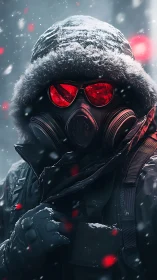 Figure in gas mask and parka with red lenses in snowfall.