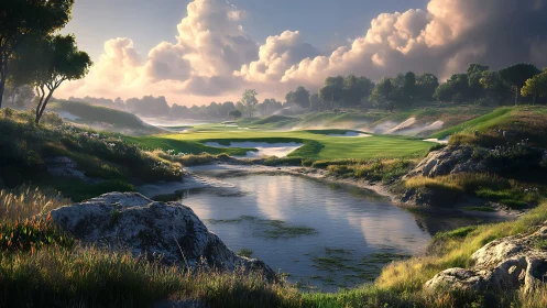 Dramatic sunset golf course with reflective water hazard pond