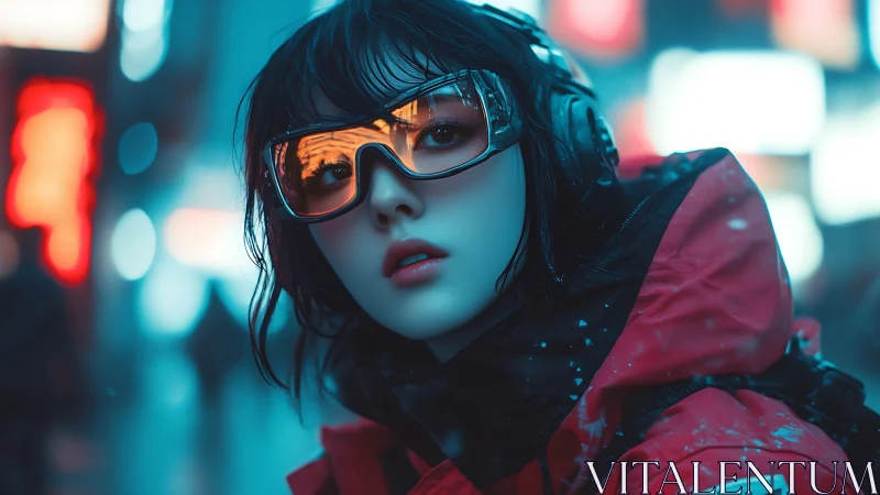Cyberpunk girl in neon snowfall wears mirrored visor