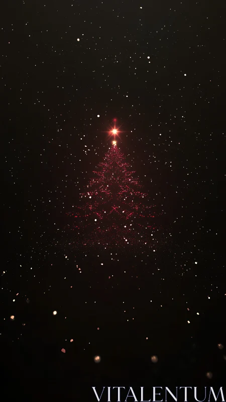 Starlit crimson tree quietly assembles itself from snowfall