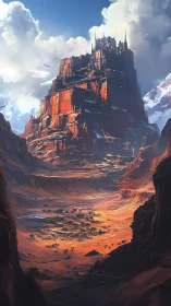 Eroded mesa citadel above stratified desert basin panorama.
