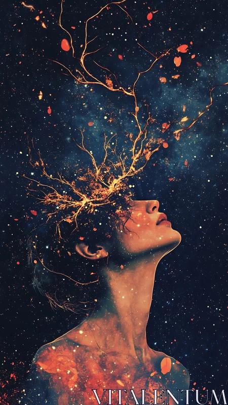 Surreal female portrait with fiery branches and stars.