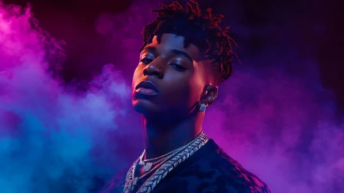 Neon-lit studio portrait uses colored haze and high-contrast rim lighting