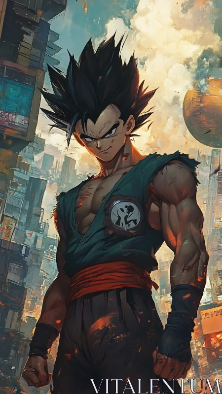 Streetborn saiyan stands defiant in a burning sky city.