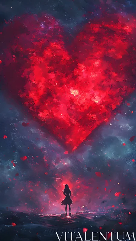 Silhouetted Figure Beneath Glowing Red Heart Formation