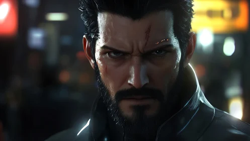 Cyberpunk portrait close-up with neon bokeh, hard rim lighting.