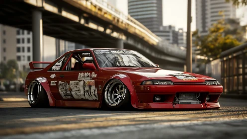 Photorealistic widebody drift car under elevated city expressway.