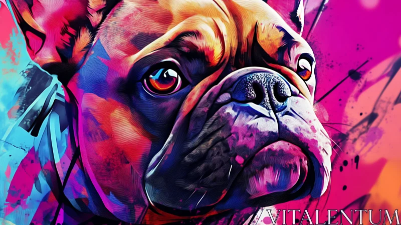 Color-splashed bulldog portrait glows in neon hues.