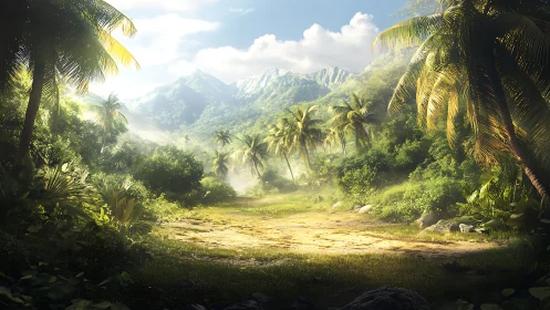 Digital landscape rendering depicting tropical valley with mountains and palm vegetation.
