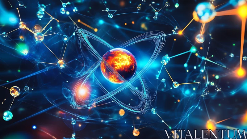 Abstract atomic model with orbiting particles and energy field.