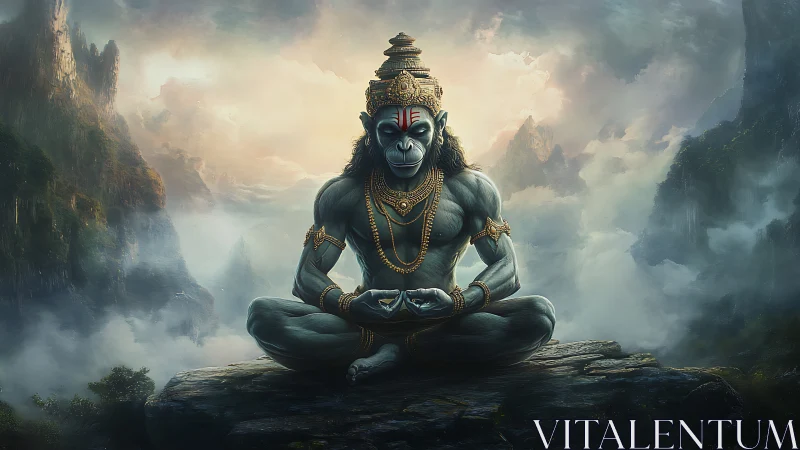 Mythic simian yogi sits in misted mountains, gold aglow.