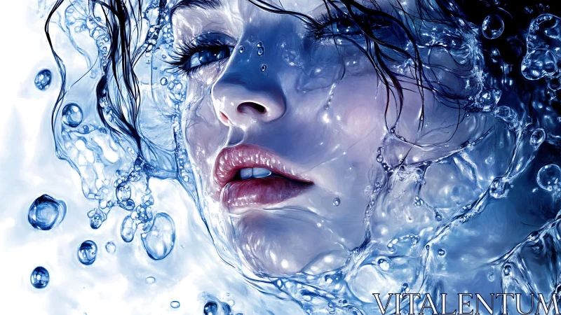 Submerged female portrait glows through swirling blue water