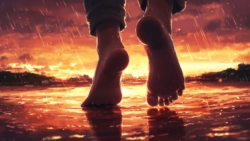 Bare feet walking on wet shoreline under orange sunset sky.