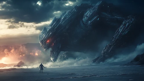Colossal biomechanical kaiju confronting lone armored figure