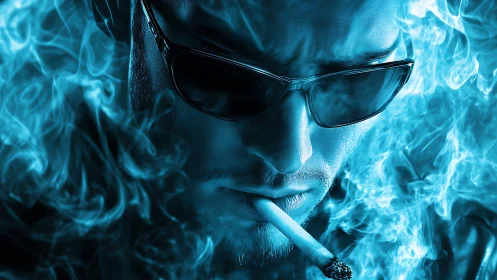 Smoky blue portrait captures intense man in dark shades.