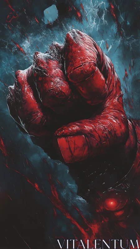 Red armored fist impacts dark void with high-energy particle shards