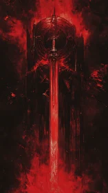 Blood red greatsword before dark infernal gateway.