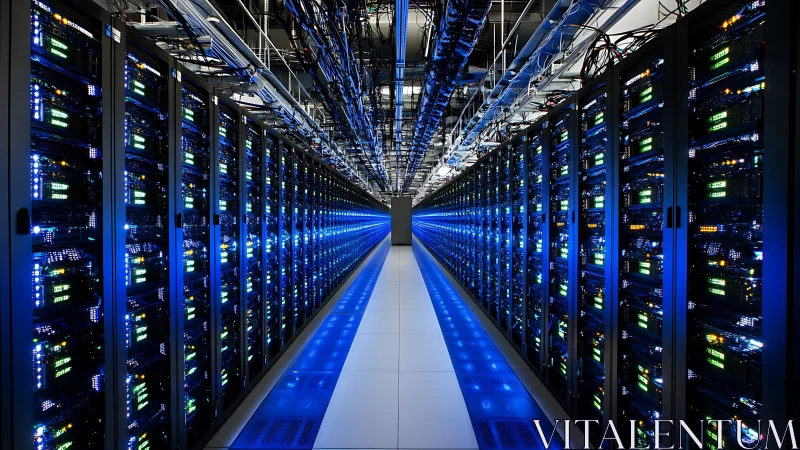 Symmetrical data center corridor with illuminated server racks.