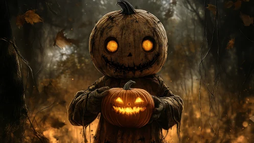 Glowing pumpkin-headed scarecrow holding jack o lantern in foggy forest