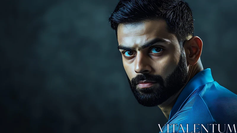 Serious bearded man in blue shirt against dark backdrop.